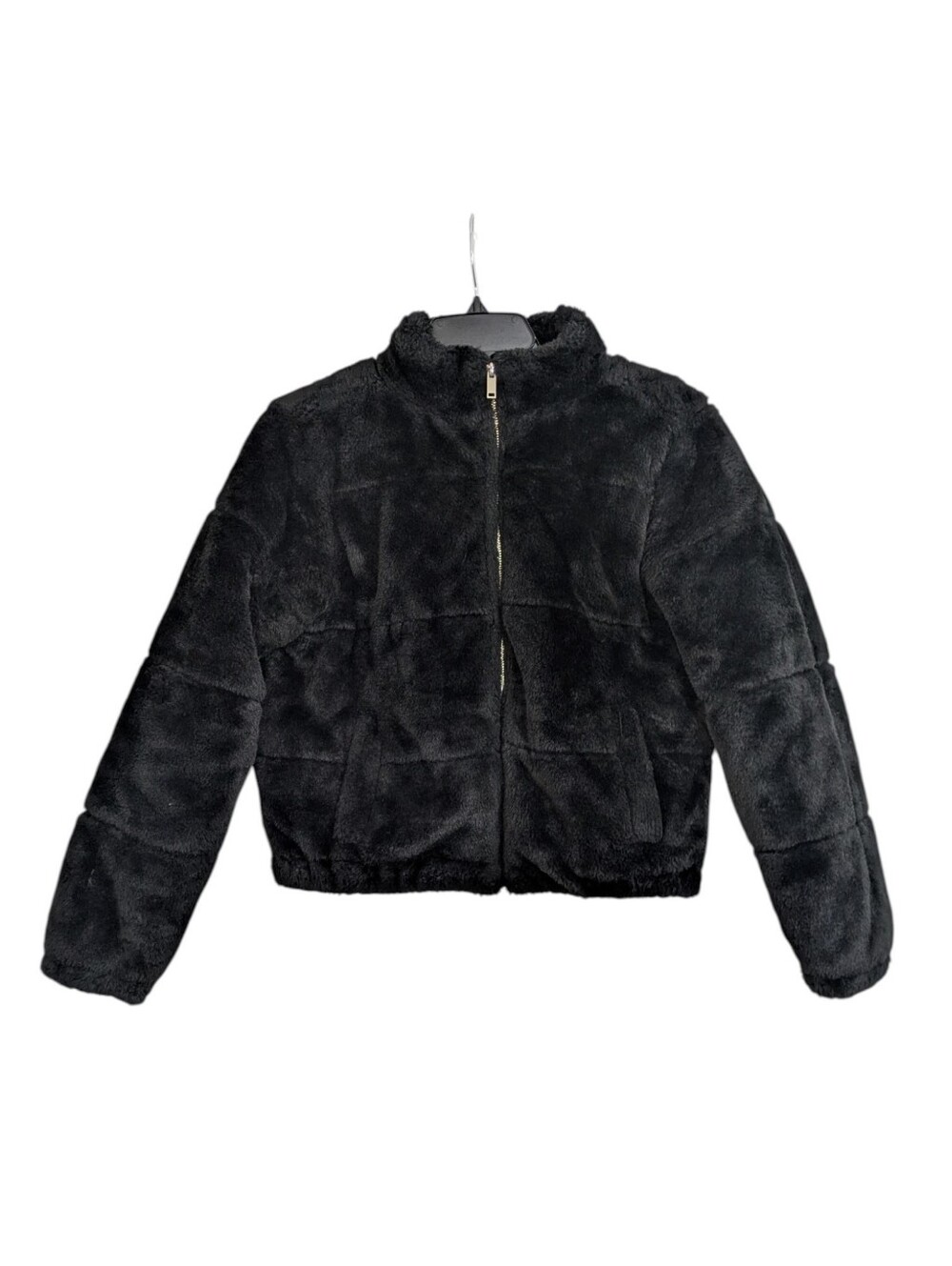 Black Furry Cropped Puffer Coat By Stella Tweed Size Small Womens Fleece Jacket